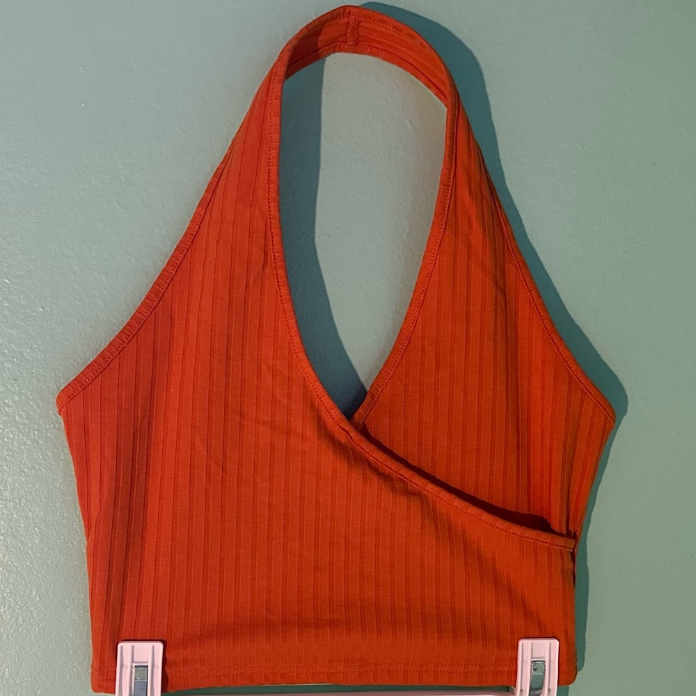 medium orange cropped halter top from shein